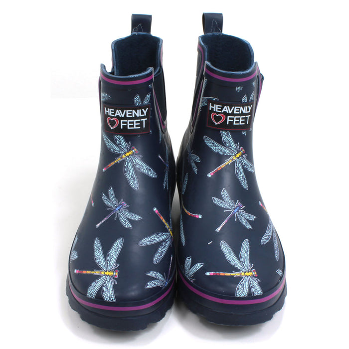 Heavenly Feet purple ankle wellington boots with dragonflies design.  Elastic panels for comfortable wear. Front view.