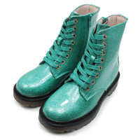 Mint green glittery combat boots.