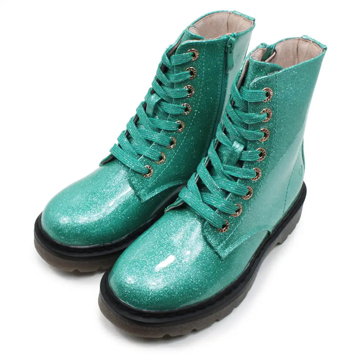 Mint green glittery combat boots.
