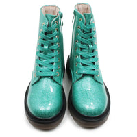 Mint green glittery combat boots.