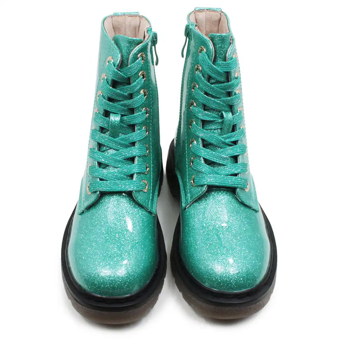 Mint green glittery combat boots.