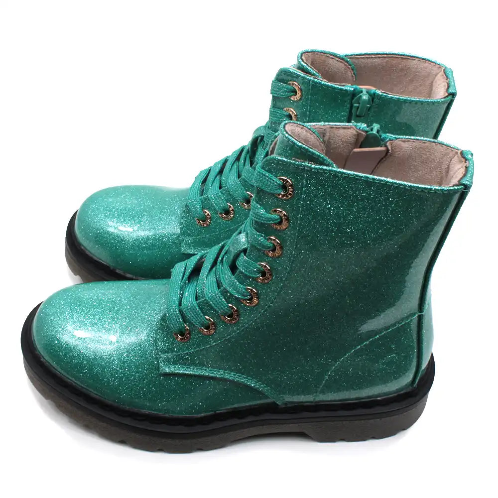 Mint green glittery combat boots.