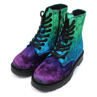 Heavenly Feet Justina 2 urban boots. Velour with pink and purple feet blending to turquoise and greens up the ankles. Black laces and zip fastening. Black soles. Angled view.