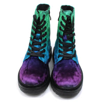 Heavenly Feet Justina 2 urban boots. Velour with pink and purple feet blending to turquoise and greens up the ankles. Black laces and zip fastening. Black soles. Front view.