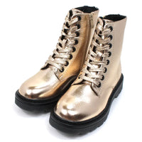 Heavenly Feet Justina 2 urban ankle  boots with 8 hole flat metallic gold laces. The boots are metallic gold. Black soles. Zip fitting. Angled view.