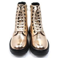 Heavenly Feet Justina 2 urban ankle  boots with 8 hole flat metallic gold laces. The boots are metallic gold. Black soles. Zip fitting. Front view.