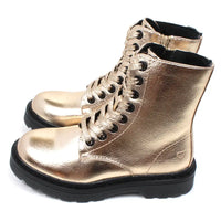 Heavenly Feet Justina 2 urban ankle  boots with 8 hole flat metallic gold laces. The boots are metallic gold. Black soles. Zip fitting. Side view.