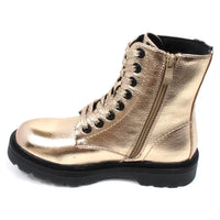 Heavenly Feet Justina 2 urban ankle  boots with 8 hole flat metallic gold laces. The boots are metallic gold. Black soles. Zip fitting. View of one boot showing gold zip used to fit the boots.