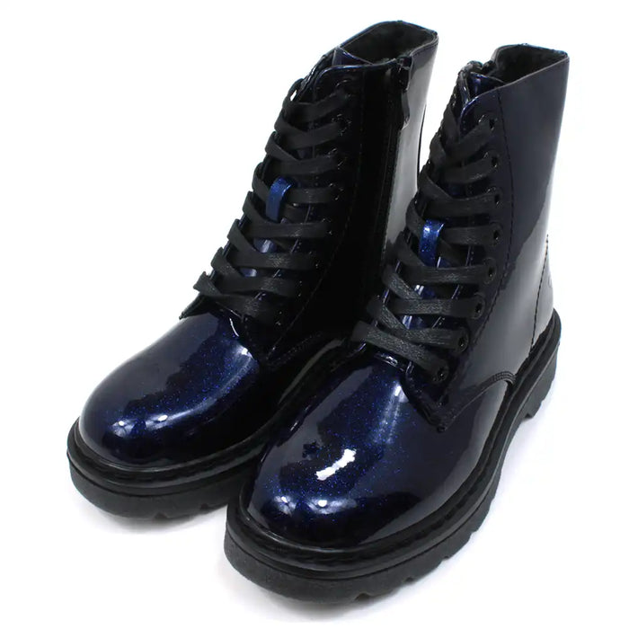 Heavenly Feet Justina 2 urban ankle  boots with 8 hole flat black laces. Deep blue colour with patent finish and glitter. Black soles. Zip fitting. Angled view.