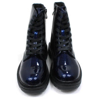 Heavenly Feet Justina 2 urban ankle  boots with 8 hole flat black laces. Deep blue colour with patent finish and glitter. Black soles. Zip fitting. Front view.