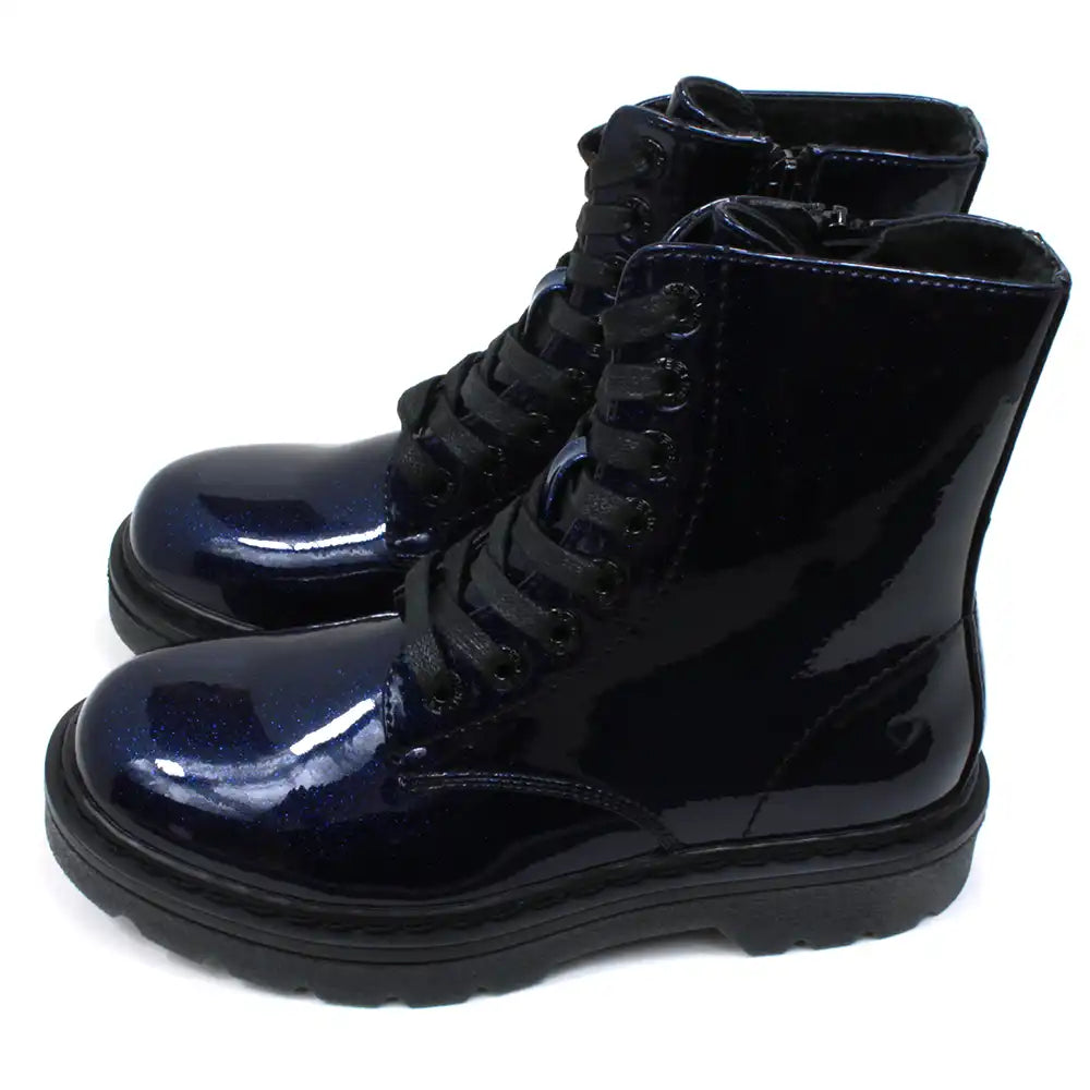 Heavenly Feet Justina 2 urban ankle  boots with 8 hole flat black laces. Deep blue colour with patent finish and glitter. Black soles. Zip fitting. Side view.