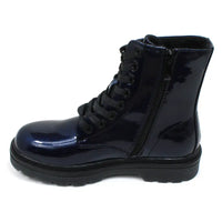 Heavenly Feet Justina 2 urban ankle  boots with 8 hole flat black laces. Deep blue colour with patent finish and glitter. Black soles. Zip fitting. View of single boot showing the black inside zip used for fitting.