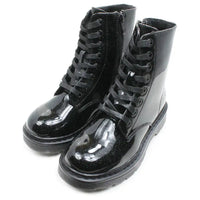 A pair of black patent leather lace-up ankle boots with side zippers, shown on a plain white background.