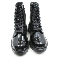 A pair of black patent leather lace-up ankle boots with side zippers, shown from the front on a white background.