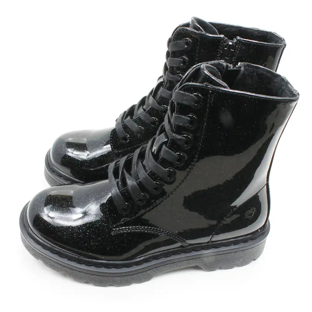 A pair of black patent leather lace-up ankle boots with a glossy finish and black soles, shown on a plain white background.