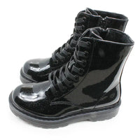 A pair of black patent leather lace-up ankle boots with a glossy finish and black soles, shown on a plain white background.