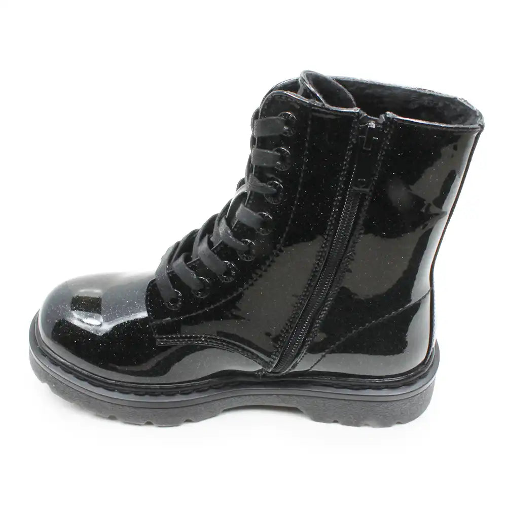 A single black patent leather lace-up ankle boot with a side zipper, shown from a side profile view against a plain white background.