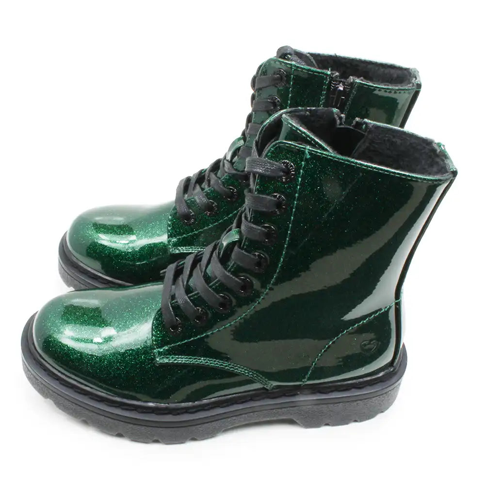 A pair of shiny dark green glittery lace-up ankle boots with black laces and black soles, shown on a plain white background.