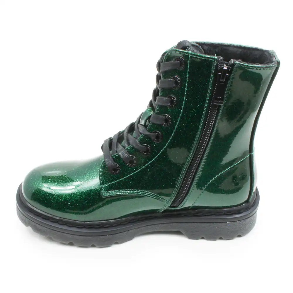 A green glitter lace-up ankle boot with a black side zipper, black laces, and a black sole, shown from a side profile on a white background.