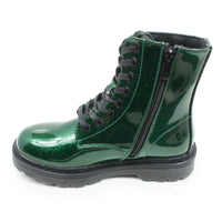 A green glitter lace-up ankle boot with a black side zipper, black laces, and a black sole, shown from a side profile on a white background.