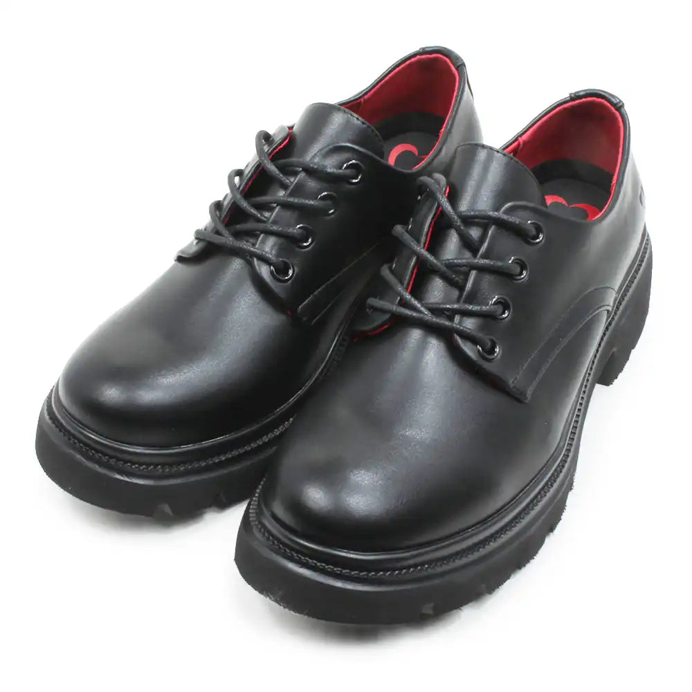 A pair of black leather lace-up shoes with black soles and a contrasting red interior lining, shown on a plain white background.