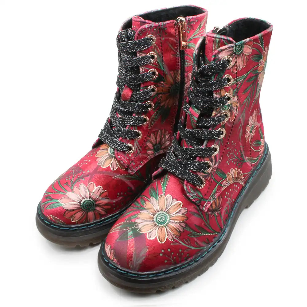 Red floral lace-up ankle boots with black glittery laces, a side zipper, and a dark sole, shown on a white background.
