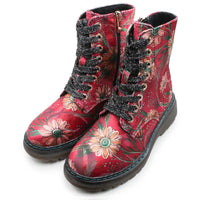 Red floral lace-up ankle boots with black glittery laces, a side zipper, and a dark sole, shown on a white background.