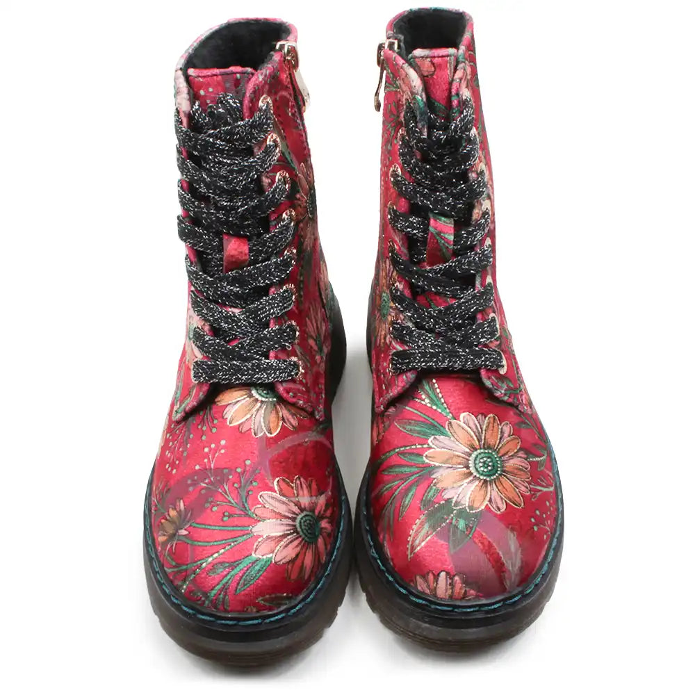 A pair of red lace-up ankle boots with a vibrant floral print, featuring black glittery laces and dark soles, shown against a plain white background.