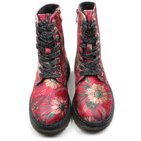 A pair of red lace-up ankle boots with a vibrant floral print, featuring black glittery laces and dark soles, shown against a plain white background.