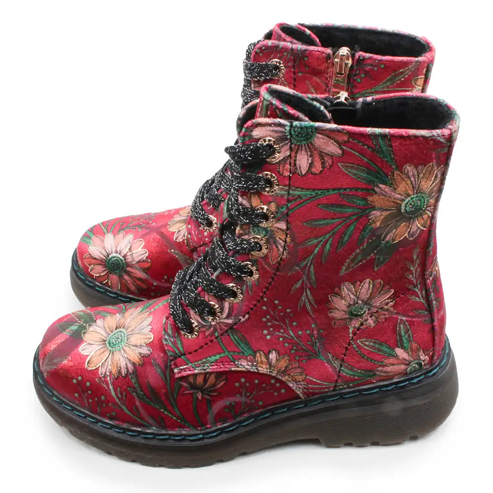 Red floral lace-up ankle boots with black laces and a side zipper, shown on a white background.