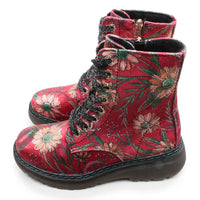 Red floral lace-up ankle boots with black laces and a side zipper, shown on a white background.