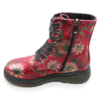A red lace-up ankle boot with a floral print, featuring black glittery laces, a side zipper, and a dark sole, shown against a plain white background.