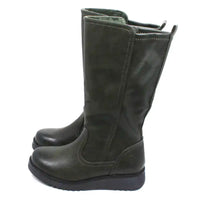 Heavenly Feet Luna calf length boots. Khaki green. Low wedge soles. Side view.