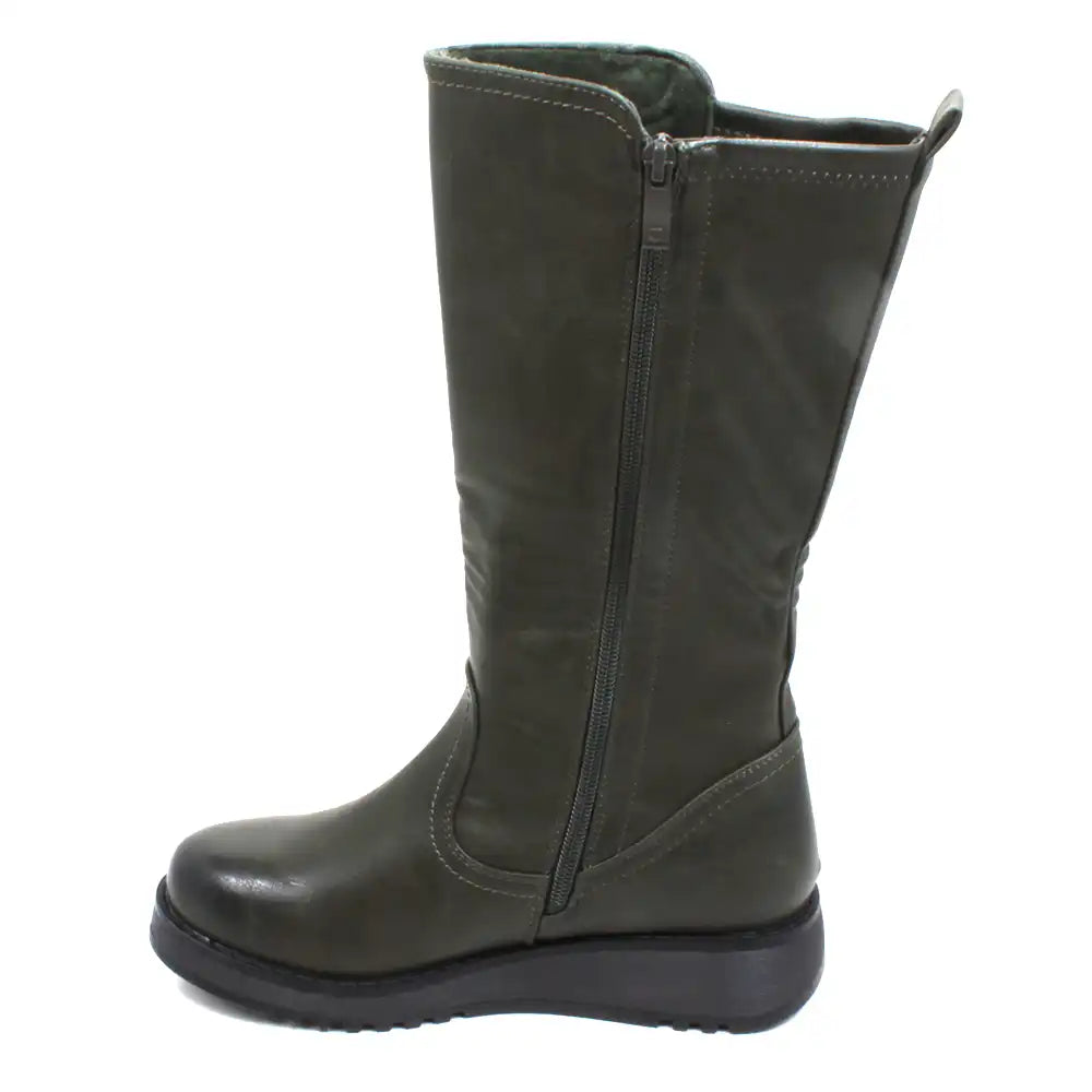 Heavenly Feet Luna calf length boots. Khaki green. Low wedge soles. Single boot view showing zip fastening.