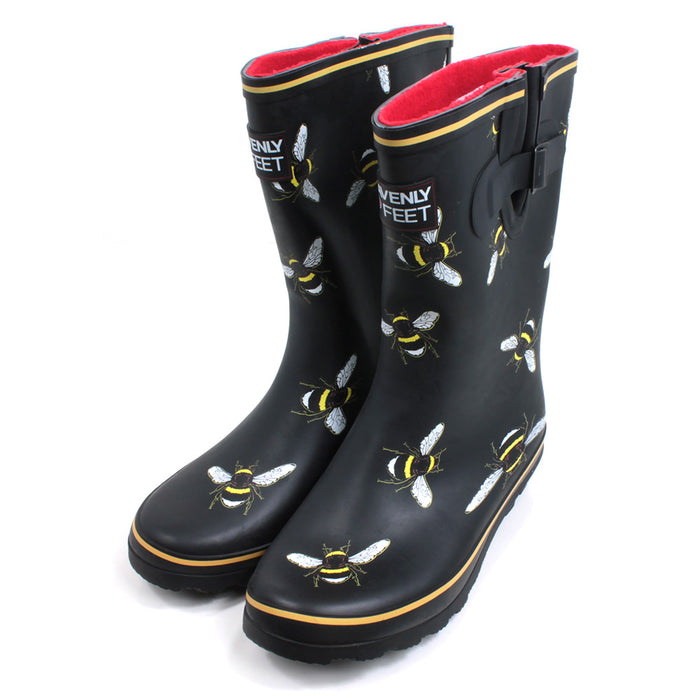 Heavenly Feet short black wellington boots with bees design. Red fleece interiors. Calf gusset for comfortable wear. Angled view.