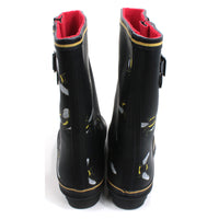 Heavenly Feet short black wellington boots with bees design. Red fleece interiors. Calf gusset for comfortable wear. Back view.