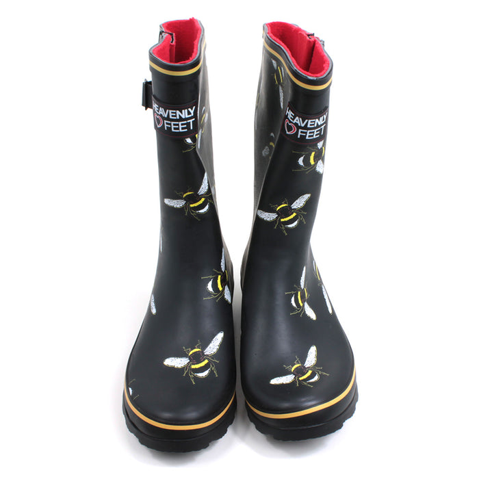 Heavenly Feet short black wellington boots with bees design. Red fleece interiors. Calf gusset for comfortable wear. Front view.