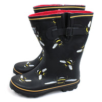 Heavenly Feet short black wellington boots with bees design. Red fleece interiors. Calf gusset for comfortable wear. Side view.