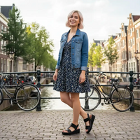Woman in a blue denim jacket and floral dress standing on a bridge with bicycles and canal in the background