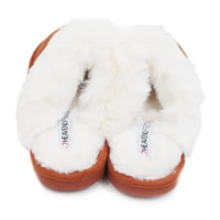 Heavenly Feet white faux fur trimmed and lined mule slippers in suede effect chestnut brown fabric. Back view.