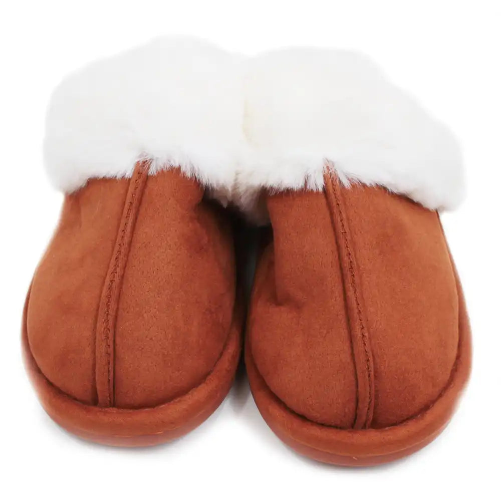 Heavenly Feet white faux fur trimmed and lined mule slippers in suede effect chestnut brown fabric. Front view.