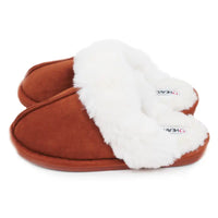 Heavenly Feet white faux fur trimmed and lined mule slippers in suede effect chestnut brown fabric. Side view.