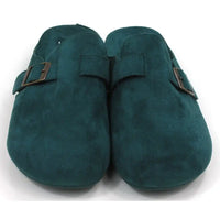 Pair of teal slippers with buckle straps on a white background