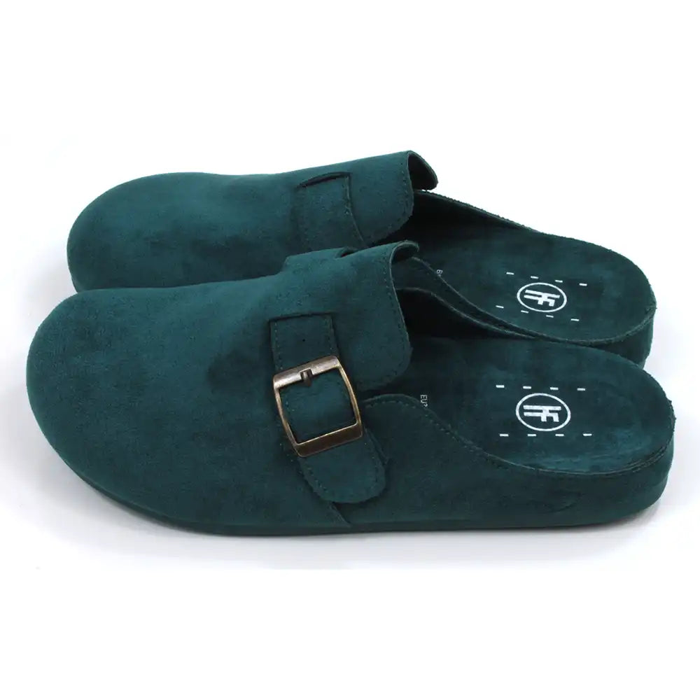 Pair of green slippers with a buckle on a white background
