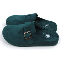 Pair of green slippers with a buckle on a white background