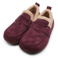 A pair of women's slip-on slippers in burgundy suede with a soft beige sherpa lining, shown on a clean white background.