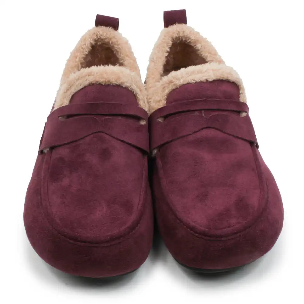 A pair of women's slip-on slippers in burgundy suede with a plush beige sherpa lining, shown against a plain white background.