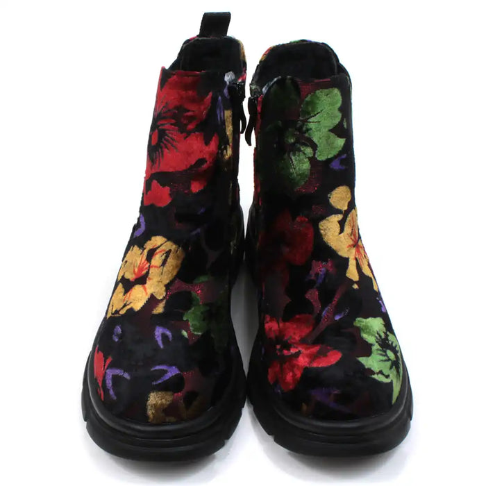 Heavenly Feet Remy floral velour chelsea boots with zip fastening. Black elastic panels in classic Chelsea boot style. Black rubber soles. Front view.