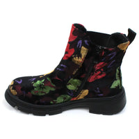 Heavenly Feet Remy floral velour chelsea boots with zip fastening. Black elastic panels in classic Chelsea boot style. Black rubber soles. View of a single boot showing the black zip for fitting the footwear.