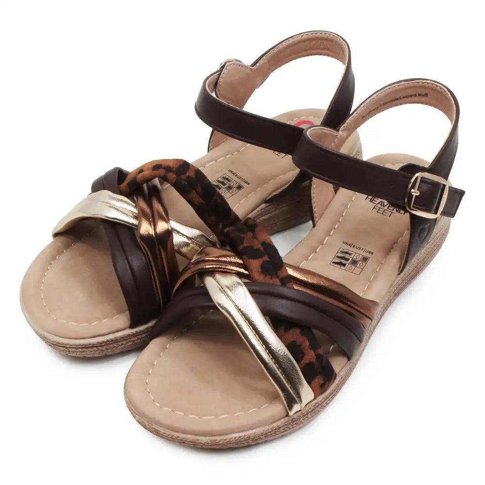 Wedge sandals with gold, brown and animal print straps.
